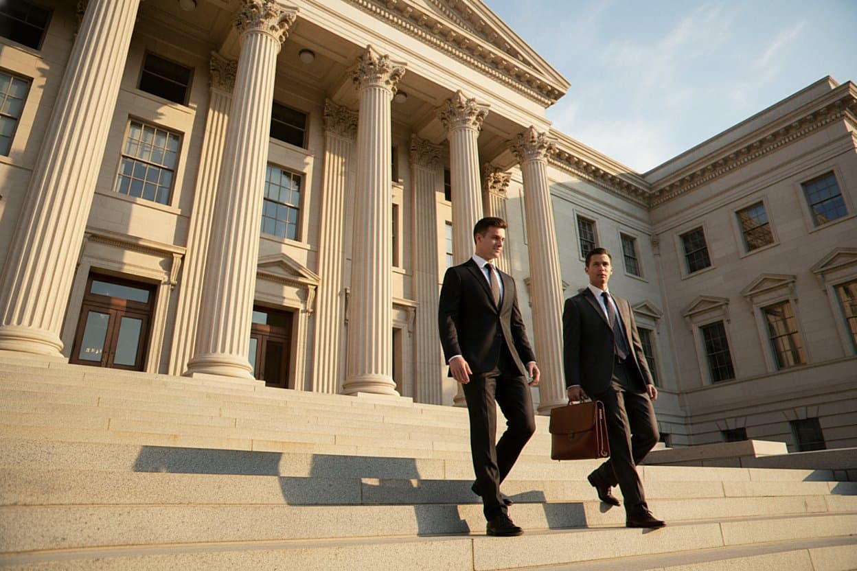 Man confident leaving courthouse with attorney