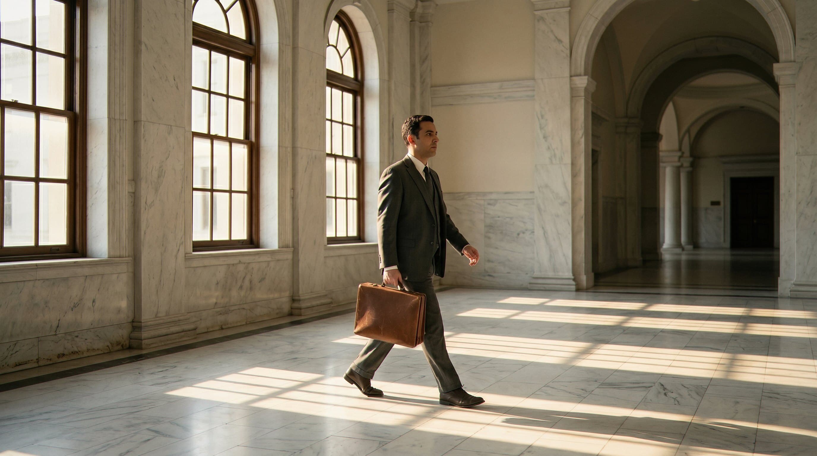 Attorney walking through courthouse hallway