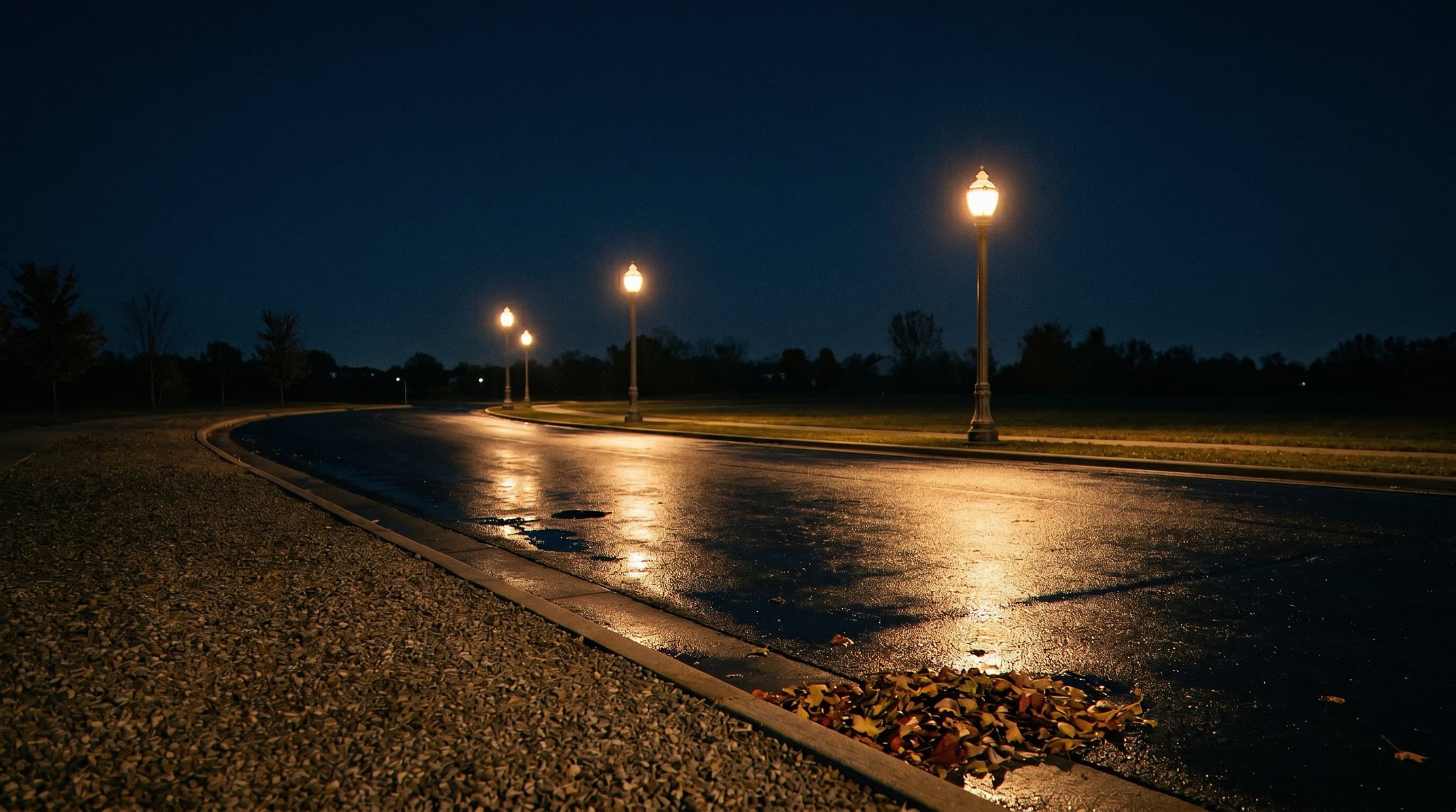 Serene nighttime road driving scene